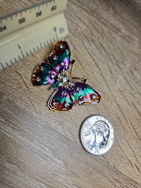 Iridescent Butterfly Brooch Gold Tone Enamel Rhinestone Pin Colorful Statement